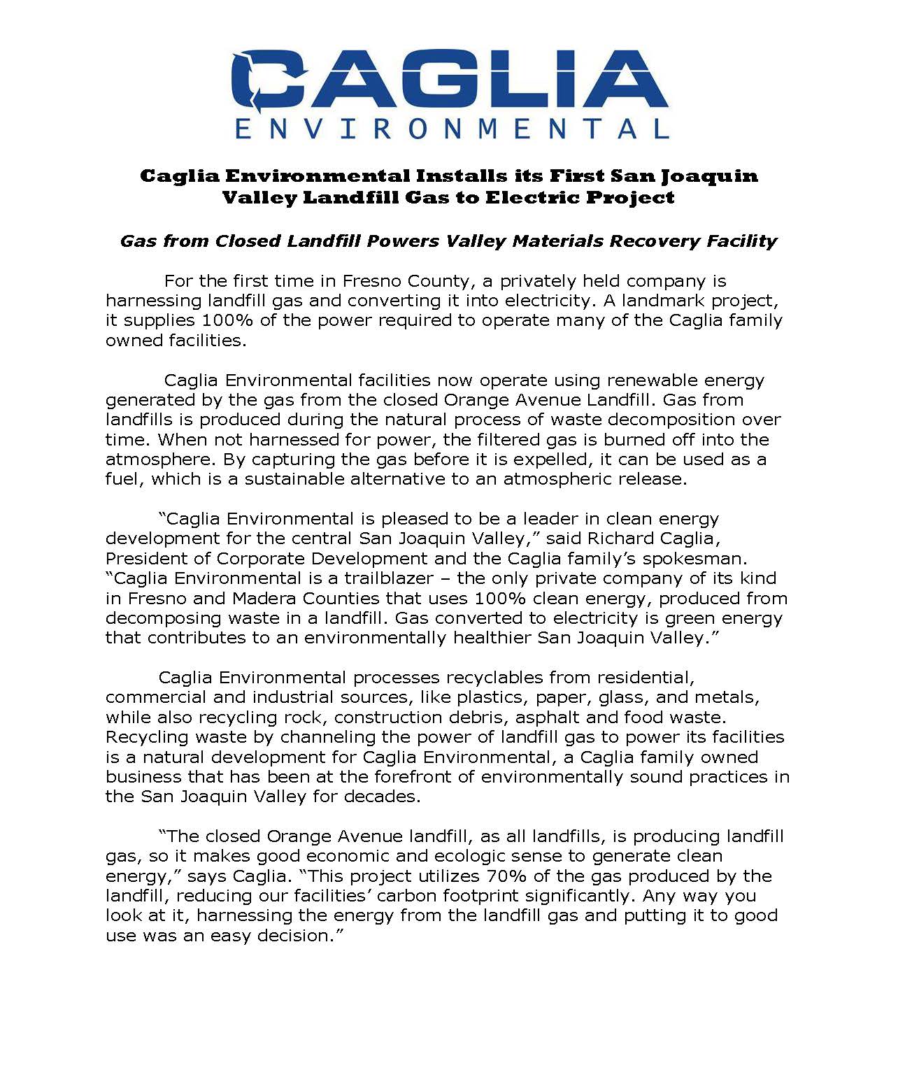 NEWS: CAGLIA ENVIRONMENTAL